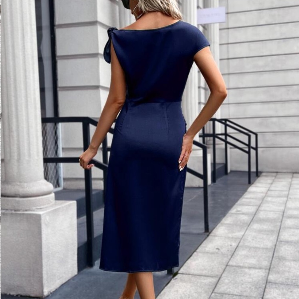 Satin asymmetrical dress, navy blue